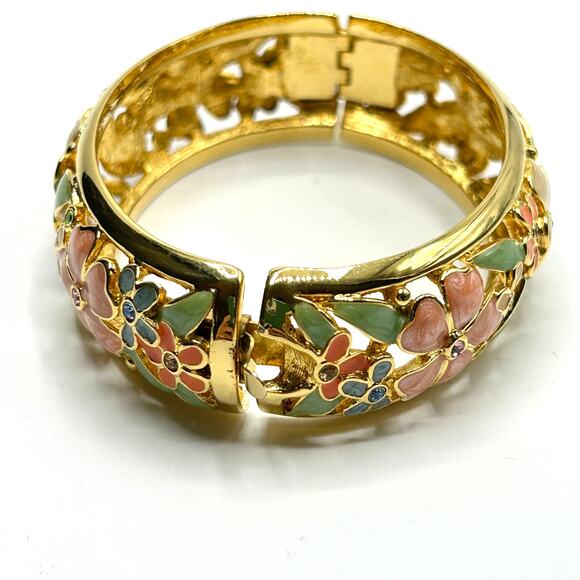 Joan Rivers Enamel Floral Hinged Bangle Bracelet Gold Tone Rhinestones - Picture 2 of 8